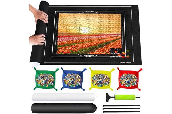 TNOMSNO Tapis Puzzle 1500 Pièces, Rouleau Feutre Portable avec 4 Trieurs de Puzzle, Tapis de Rangement pour Puzzle