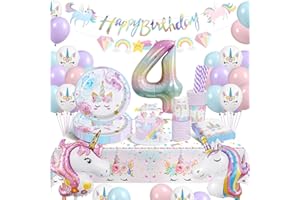 YIMAKJ Einhorn Partygeschirr Set, 4 Jahre Einhorn Geburtstag Party Geschirr,4 Jahre Mädchen Party , Einhorn Luftballon Pappteller Tassen Servietten Tischdecke für Party Kindergeburtstag Deko 16 Gäste