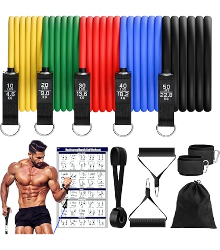 ROELLY Kit Élastiques Musculation 7 Pièces – 6 Niveaux Résistance + Barres Pilates, Poignées, Ancrage Porte – Fitness Yoga Domicile