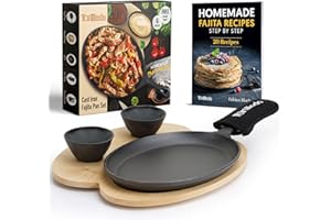 Tortillada - Ensemble de poêles à fajitas en fonte de 25 cm - avec plateau de service en bois + 2 bols à sauce en céramique (Set of 1)