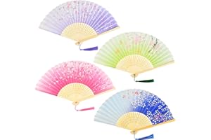 AWCIGG KEYIDO 4 Pcs Hand Folding Fans for Women Handheld Folding Fan Silk Fabric Ladies Fan Chinese Japanese Folding Fans with Tassel for Wall Decoration Wedding Dancing Cosplay