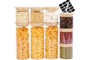 FoiiLiio 9PCS Tarros de Cristal con Tapa de Bambu,300ml/800ml Botes de Vidrio para Cocina,Botes Hermeticos Cristal,Almacenaje de Cocina con Tapa de Bambu