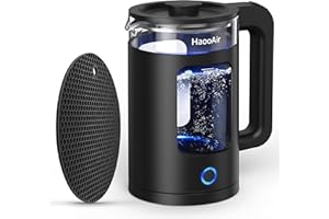 Haooair Kettle, 1.5 Liter Electric Kettle with Blue LED, Easy to Clean Glass Kettle, Fast Boil Quiet, BPA-Free, Boil-Dry Protection (Gifts: Black Table Place Mats)