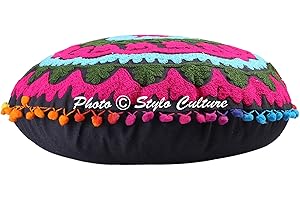 Stylo Culture Ethnisch Dekorativ Rund Bodenkissenbezug 45x45 cm Klein Sitzpouf Kissen Traditionell Schwarz Boho Gestickte Suzani Pom Pom Spitze Baumwolle Blumen Bodenkissen Hocker