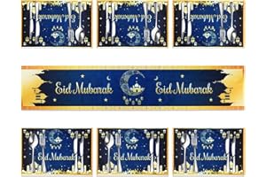 Panelee 7 Piezas Set Camino de Mesa de Eid Mubarak con Manteles Individuales Mantel Decorativo Eid Mubarak de Oro Azul Corredor de Mesa de Ramadán de Poliéster de Luna Estrella para Fiesta Musulmana