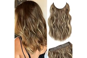 NEXYSHE Invisible Wire Hair Extension Brown with Golden Highlights, Friendly Synthetic 12 inch Wavy Pieces for Women