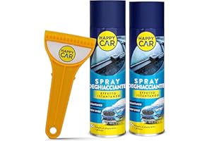 HappyCar 2 Spray Antighiaccio Auto 300 ml + Raschietto - Deghiacciante Sciogli Ghiaccio per Vetri e Parabrezza - Sblocca Finestrini, Cerniere, Guarnizioni e Serrature
