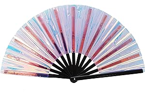 Gionforsy 1 x Rave Folding Hand Fan for Women Bamboo Large Hand Fan with Bright Colors Fabric Folding Fans for Festivals (1 Piece, Style 4, Light Blue)