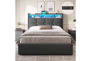 DICTAC Cadre de Lit 140 x 190 avec Sommier et Rangement,Lit Coffre140x190 avec Lumières LED et Prise,lit 2 Personnes 140x190 avec Tete de lits,Lits Rembourré en Lin pour Adulte,Gris Foncé-sans Matelas