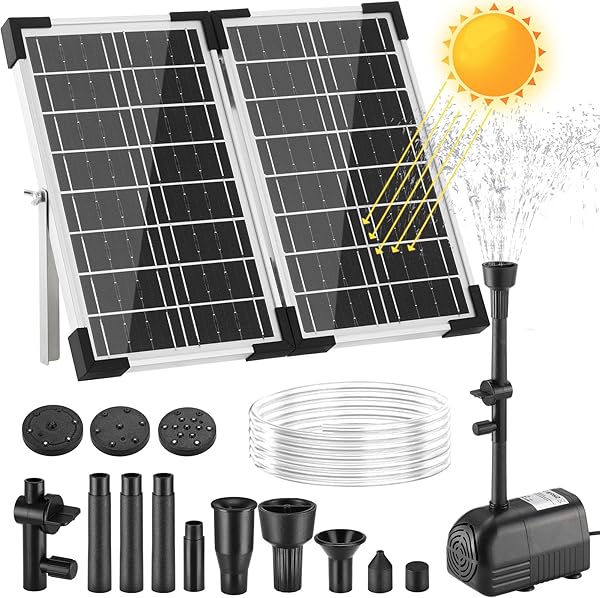 Clevich 20W Solar Springbrunnen für Außen, 230L/H Maximale180cm Höhe Teichpumpe Solar mit 4+4 Düsen & 2 Ersatzfilter, 1.5M Wasserleitung 5M Kabel DIY Mittelgroße Gartenteiche (5-10㎡),Vogelbad Brunnen - 1