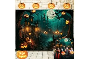 APDECCLK Halloween Photography Backdrop Full Moon Scary Night Haunted House Castle Hallowmas Pumpkins Party Background for Kids Adult Halloween Festival Party Decoration Backdrop (green, 70x40 inch (6x4FT))