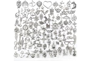 FIZZIX 100PCS Mixed Silver Charms Set - Tibetan Silver Pendant Assortment for Jewelry Making, Bracelets, and DIY Crafts