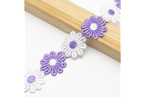 XCSJ 5 Yard 25mm Blumen Spitzenband Spitzenborte Stickerei Dekoband Zierband Borten Bänder Blumenband Gänseblümchen Dekoband Spitzen Spitzenborte Für Hochzeit Deko Handwerk Nähen Deko (lila,weiß)