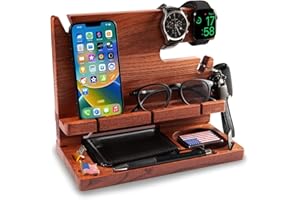 GRETA OTO GRETAOTO Station de Charge en Bois pour Téléphone, Tablette, Montre, Portefeuille, Accessoires, Support Rangement Bureau, Organisateur de Bureau, Table de Nuit, Cadeaux Hommes (Brun Acajou)