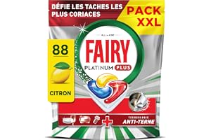 Fairy Platinum Plus Tablettes Lave-Vaisselle Tout-en-1, 88 Tablettes, Parfum Citron, Technologie Anti-Terne, Redonne l'Éclat, Prévient le Calcaire, Système Pré-Lavage Intégré, Efficace en Cycle Court