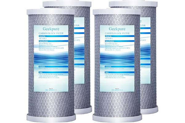 Geekpure 10-tums vattenfilter med kolblock för hela huset 4,5" x 10" - 5 mikron, Förpackning 4