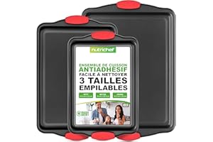 NutriChef Ensemble de Plaques de Cuisson - Plaques à Pâtisserie Antiadhésive - Plateau À Four de Haute Qualité - Ustensiles de Cuisson en Métal - Noir avec Poignées en Silicone Rouges