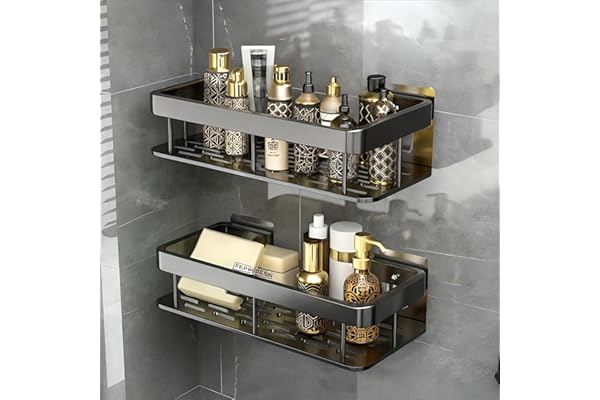 Misamo Enterprise Bathroom Shelf Organiser Without Drill, Black, Pack of 2 | No-Drill Installation, Rust-Resistant, Strong Ad