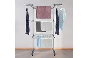 ZZZMRH Airer Clothes Drying Rack, 4 Tier Clothes Airer Folding Drying Rack, Space Saving Storage, Large Clothes Airer Drying Rack For Laundry, Stainless Steel Clothes Drying Rack Indoor/Outdoor, Grey