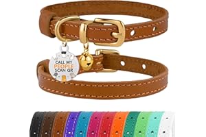 BRONZEDOG Collier pour Chat en Cuir avec Médaille QR-ID Amovible – Collier pour Chaton avec Grelots, Non-Anti-Étranglement, pour Femelles & Mâles (Marron Clair & Or, 23-28 cm)
