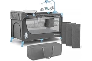 Kinderkraft JOY AC Lit parapluie, Lit bébé de la Naissance jusqu’à 25 kg, 120 x 60 cm, Facile à Plier, 2 Niveaux de Matelas, Carrousel avec 3 jouets, Sac de Transport inclus, Bleu