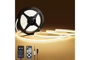 NELUX Ruban LED COB, Bande LED 5m Blanc Chaud, Bandeau LED Cuisine Decoration Chambre TV, Strip Light 24V, Lumiere Dimmable, Interieur, 480LED/m, 2700K. Comprend Télécommande et Alimentation