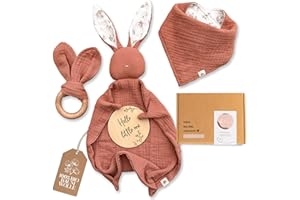 Mikito Baby Gift Set for Boys & Girls - Muslin Cuddle Cloth, Teething Ring, Bib, Baby Wooden Sign - For Birth