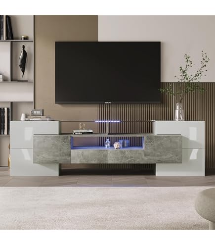 Meuble TV Blanc YEHTOKHOME 190 Cm - 3 Portes, 2 Tiroirs, étagères, Design Moderne (blanc Et Noir) - 10