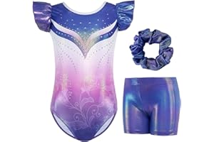 Gogokids Ensemble de Gymnastique à Manches Volantées pour Filles, 3 Pièces Justaucorps de Gymnastique pour Enfants avec Design à Paillettes Dégradées, Costumes de Gymnastique pour 3-12 Ans