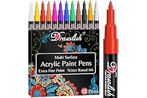 DRAWLISH Acrylic Paint Pens for Rock Painting - Set of 12-0.7mm Tip Glass Pens with Extra Fine Point & Water-Based Ink - Ideal Paint Markers for Ceramic, Fabric, Porcelain, Wood, Canvas & DIY Mug Design