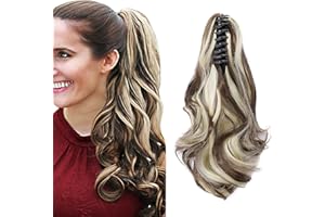 CYBELLEZA 12" Postiche Queue de Cheval Extension a Clip Cheveux Naturel Ondulé bouclés Claw on Ponytail Griffe Monobande (Marron Chatain&Bleach Blonde)