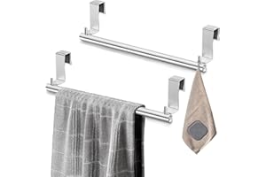 VEHHE Over The Door Towel Rail - 32cm, Kitchen Towel Rail with Eva Sponge Pads, Tea Towel Holders Bar with 2 Hooks - 2 Pcs Dish Towel Holder for Kitchen | Silver