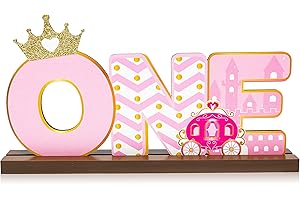 Haooryx Princess Glitter ONE Letter Sign Wooden Table Centerpieces Pink Tiara Shining Crown First Birthday Table Decoration for Baby Girls 1 Year Old Birthday Baby Shower Photo Prop Party Supplies