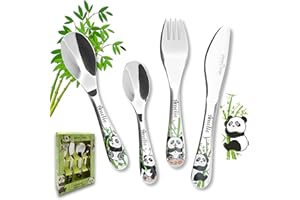 Koru Kids® Sztućce dziecięce z grawerunkiem imienia Panda – 4-częściowy zestaw sztućców z grawerunkiem – zestaw sztućców dla dzieci z grawerunkiem – wspaniały prezent na chrzest dla chłopca /