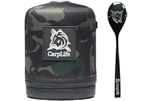 CARPLIFE PRODUCTS LTD CarpLife Eclipse Camo C500 Gas Canister Cover & Teaspoon - 500g Insulated Neoprene Gas Canister Cover with Black Etched Logo Teaspoon - Fishing, Camping, Hiking, Backpacking & Road Trips