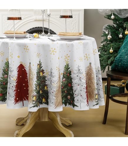 Runde Tischdecke Weihnachtsdekoration (177 Cm) – Wasserdicht, Abwischbar, Mit Schneeflocken-Muster