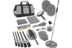 THINKWORK Car Wash Kit, Car Washing Brush with Long Handle, Extendable Car Wash Mop with 2-in-1 Windshield Squeegee and 9Pcs Detailing Brushes, Gray Car Detailing Kit Gift for Men