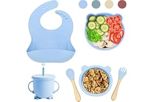 AGS NORMANT Vajilla infantil - Vajilla bebe de silicona - Platos con ventosa - Vaso con pajita antiahogo - Cubiertos con mango de madera - Babero de silicona - Libre de BPA - Cuchara de aprendizaje - 6 piezas