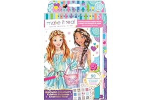 Make It Real Album da disegno di moda Fantasia floreale con stencil e adesivi che stimolano la creatività - Libro da colorare e lavoretti creativi per bambini - Regali per bambine