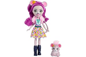 Enchantimals Mini-poupée Mayla Souris et figurine animale Fondue aux longs cheveux violets bouclés, jupe amovible et faux col, jouet pour enfant, FXM76
