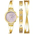 Anne Klein Women's Premium Crystal Accented Bangle Watch Set, AK/2245, Gold
