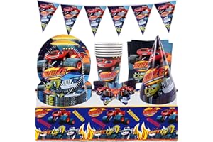FGen Blaze und die Monster Maschinen Geburtstag Party Deko, 36 Stück Monster Truck Kinder Geburtstag Partygeschirr umfasst Banner Tischdecke Teller Servietten Tassen Papier Hüte Masken