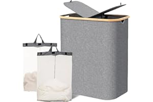 KASURE 150 L Panier a linge 2 compartiments, cadre en bambou robuste, panier à linge pliable avec sac à linge amovible, gris