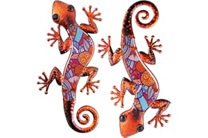 ‎HONGLAND HONGLAND 2 Stück Metall Gecko Wanddekoration Eidechse Garten Kunst Farbe Hängende Glas Skulptur für Innen Außen Terrasse Zaun (Rot)