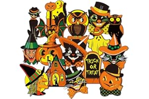 JarThenaAMCS 48 Pcs Vintage Halloween Cutouts Retro Pumpkin Witch Cat Cut-Outs Black Orange Paper Cutting with 100 Pcs Glue Points for Crafts Trick or Treat Party Classroom Bulletin Board