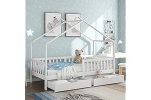 Racxily Letto Montessori Bambini con 2 Cassetti 200x90 cm Letto per Bambini in Legno Naturale, con Rete a Doghe, Bianco