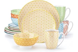 vancasso Natsuki Porcelain Dinner Sets, Colourful Plate Set with Classic Pattern, 16 Piece Dinnerware Sets with Dinner Plate, Dessert Plate, Bowl and Mug. Service for 4