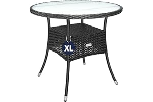 ‎CASARIA Casaria® Polyrattan Gartentisch 80cm Rund 5mm Sicherheitsglas Höhenverstellbar 80kg Belastbarkeit Wetterfest Terrasse Balkon Beistelltisch Tisch Schwarz