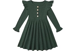 ESHOO Girls' Dresses Ribbed Knit Dresses Toddler Ruffle Long Sleeve Casual A-Line Dress Kids Party Dress Girls Clothes Age 2 3 4 5-6 6-7 Years