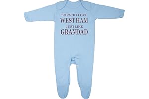CHEEKYTOTS 'Born To Love West Ham Just Like Grandad' Baby Boy Girl Sleepsuit Designed and Printed in the UK Using 100% Fine Combed Cotton